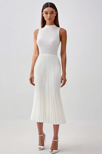 Halter Pleated White Midi Graduation Dress